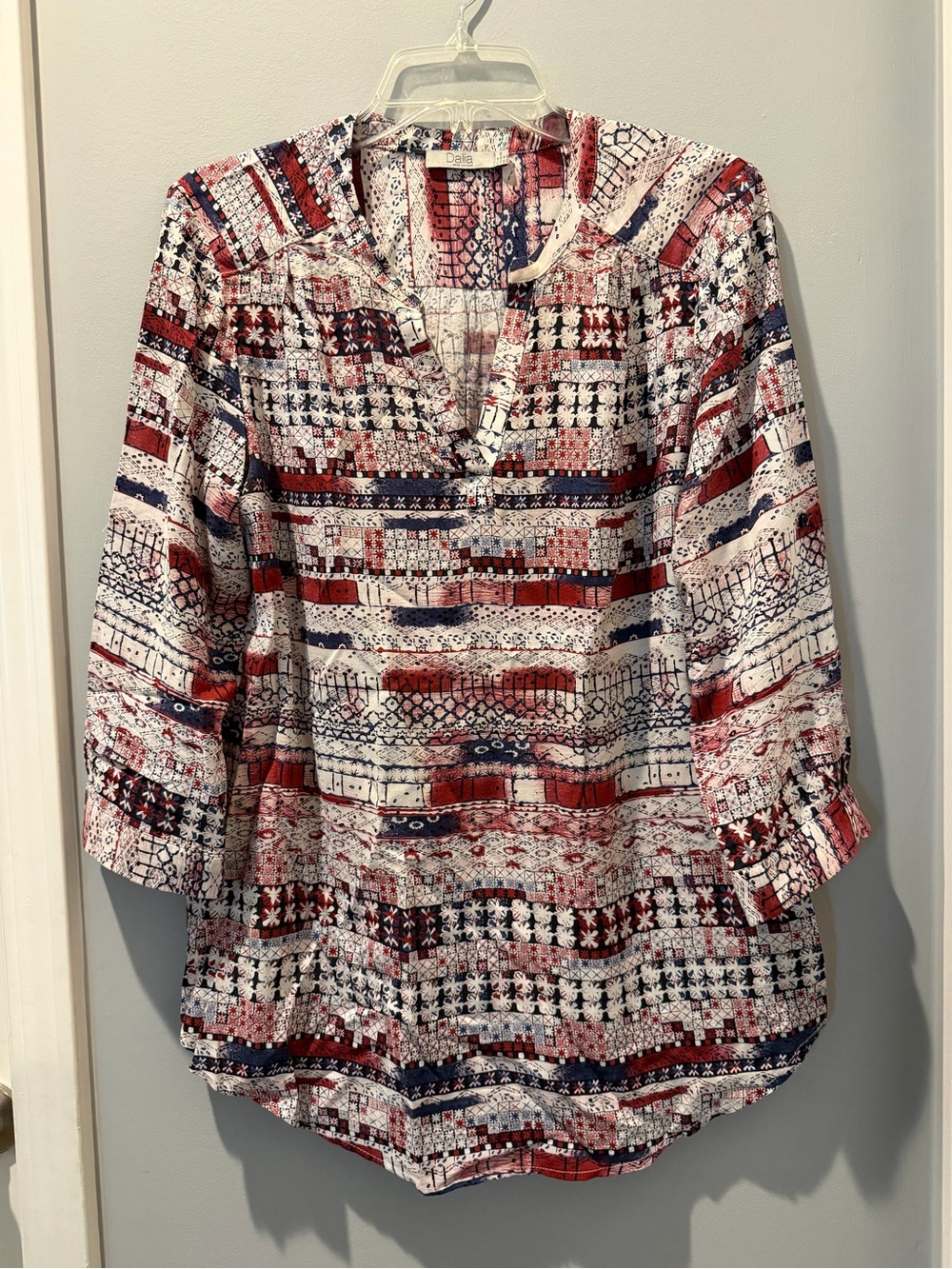 Dalia Red, Navy & White Printed Split-Neck Blouse